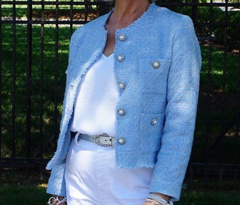 A Fresh Summer Look: White Jacket and Royal Blue Pants - Susanna