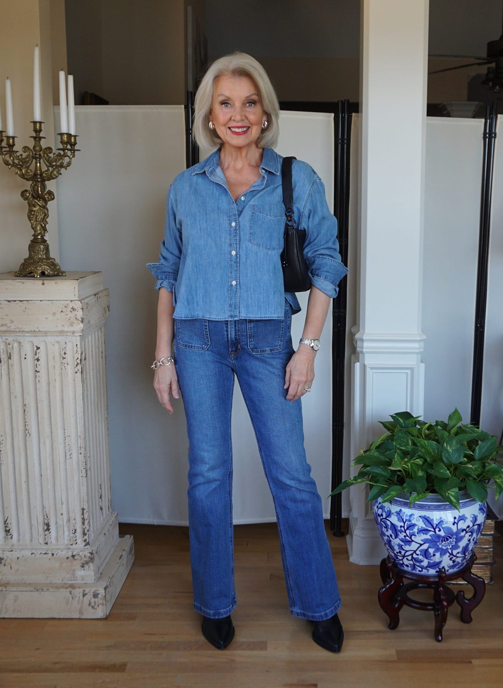 Clean classic denim styling for women over 60